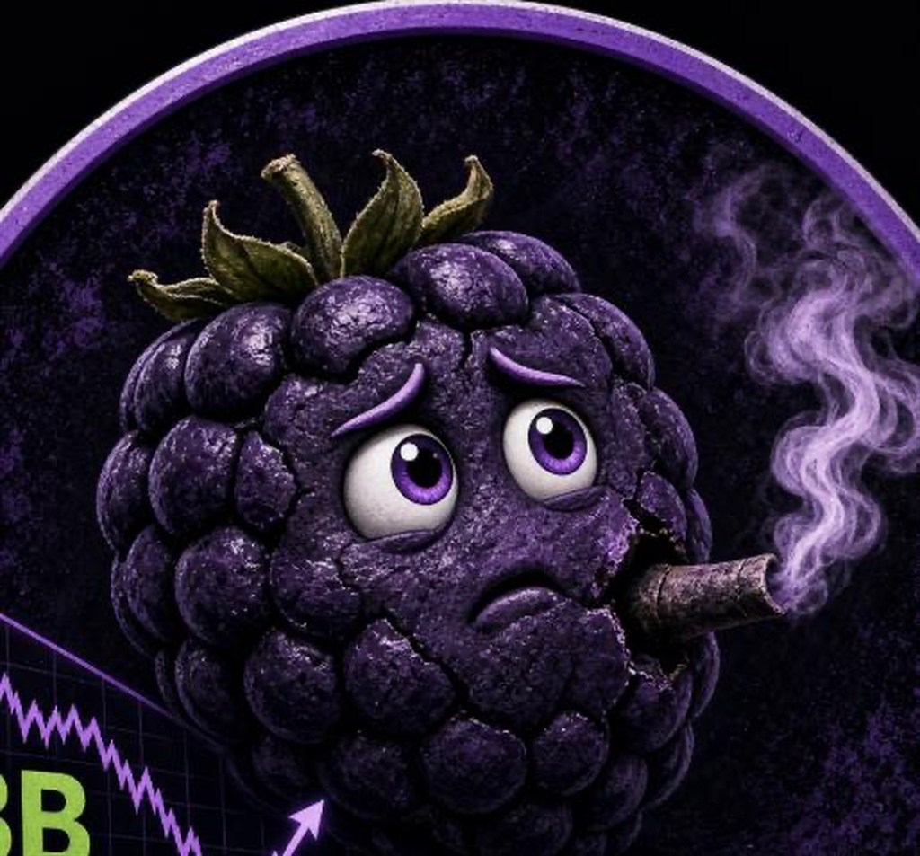 A worried purple blackberry smoking, with a BB chart going up in the corner