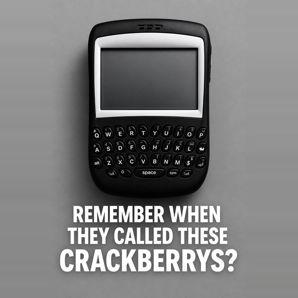 A BlackBerry handset captioned REMEMBER WHEN THEY CALLED THESE CRACKBERRYS?